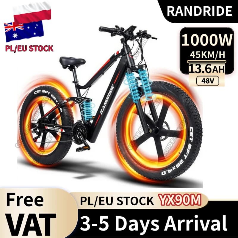 RANDRIDE YX90M Electric Bike, 26'' Fat Tire, 1000W Brushless Motor, 48V13.6Ah Battery, 45km/h Max Speed, 100km Range,
