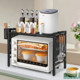 Microwave shelf, 2-tier expandable microwave shelf, organizer kitchen with 6 hooks, 38-67cm, kitchen shelf microwave stand