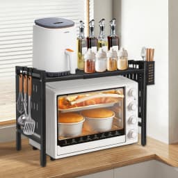 Microwave shelf, 2-tier expandable microwave shelf, organizer kitchen with 6 hooks, 38-67cm, kitchen shelf microwave stand