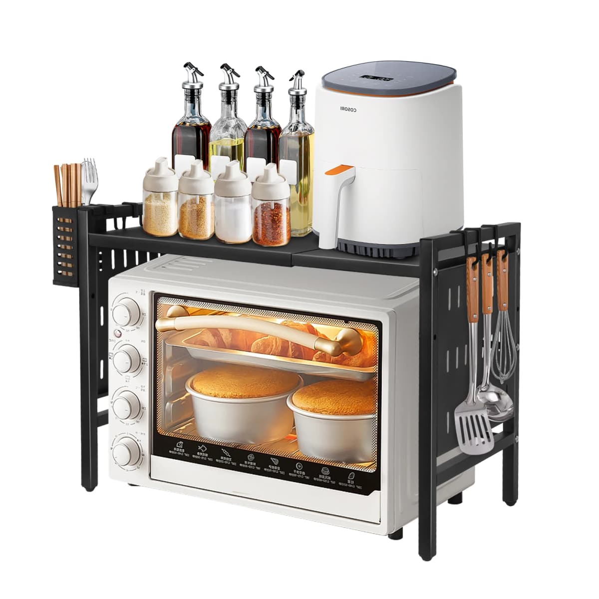Microwave shelf, 2-tier expandable microwave shelf, organizer kitchen with 6 hooks, 38-67cm, kitchen shelf microwave stand