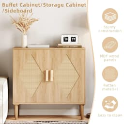 Kitchen Storage Sideboard with Woven Rattan Decorated Doors Liquor Coffee Buffet Cabinet for Living Room, Kitchen, Entryway