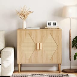 Kitchen Storage Sideboard with Woven Rattan Decorated Doors Liquor Coffee Buffet Cabinet for Living Room, Kitchen, Entryway