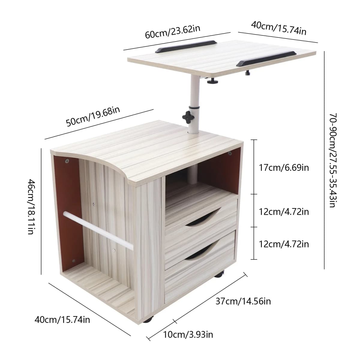 Bedside Table Bedroom Functional Wooden Bedside Table Rotatable Adjustable With Drawers, Castors and Open Shelves For Bedroom