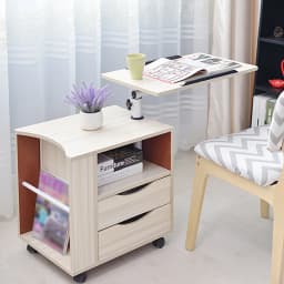 Bedside Table Bedroom Functional Wooden Bedside Table Rotatable Adjustable With Drawers, Castors and Open Shelves For Bedroom