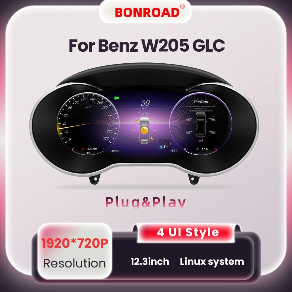 Bonroad Linux 12.3'' 1920*720P Car Lcd Digital Instrument Cluster for Benz C Class Glc W205 W253 Dashboard Speedometer Display