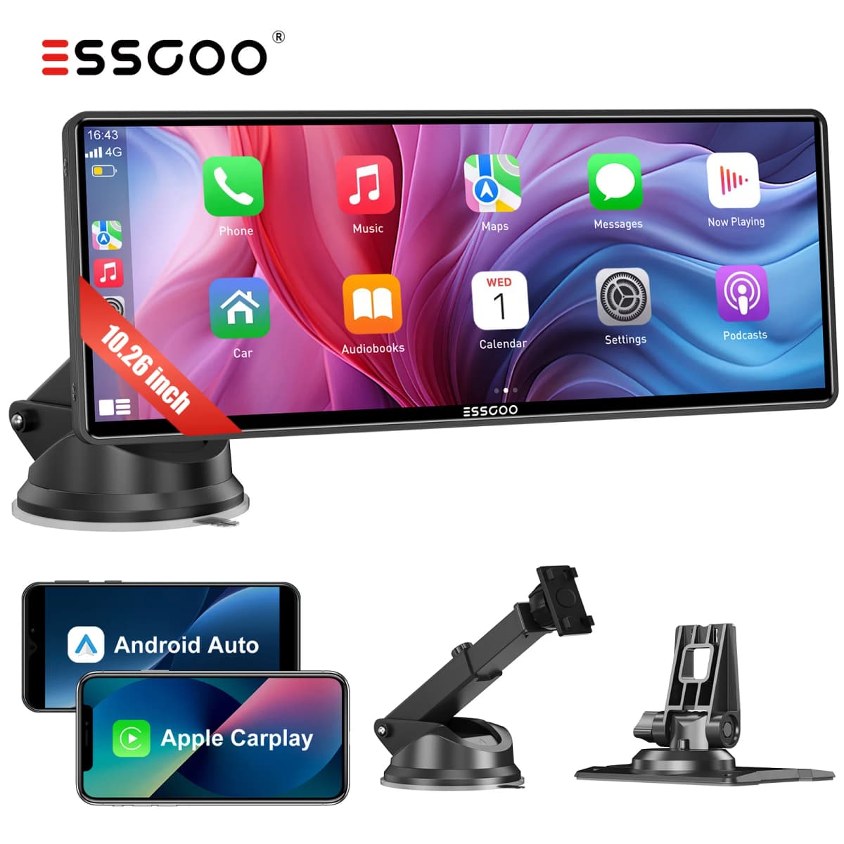 ESSGOO 10.26" Wireless CarPlay Android Auto Display IPS Touchscreen Mirror Link BT Hands-free Calling Siri & Google Assistant