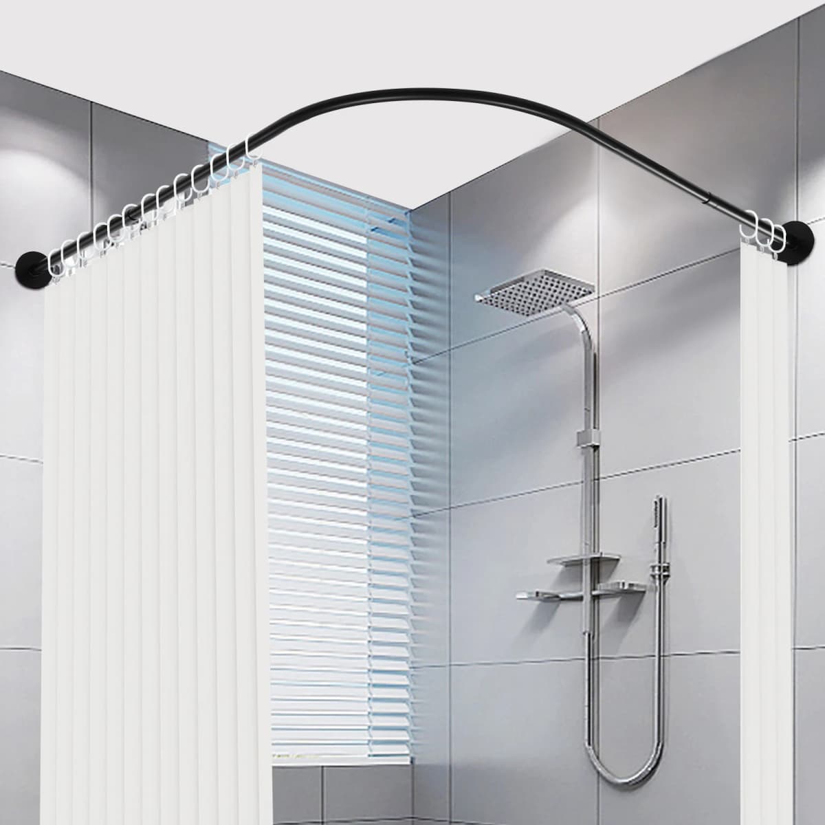 Shower Curtain Rail L Shape Adjustable Corner Bathtub Stainless Steel Telescopic Rod No Drilling