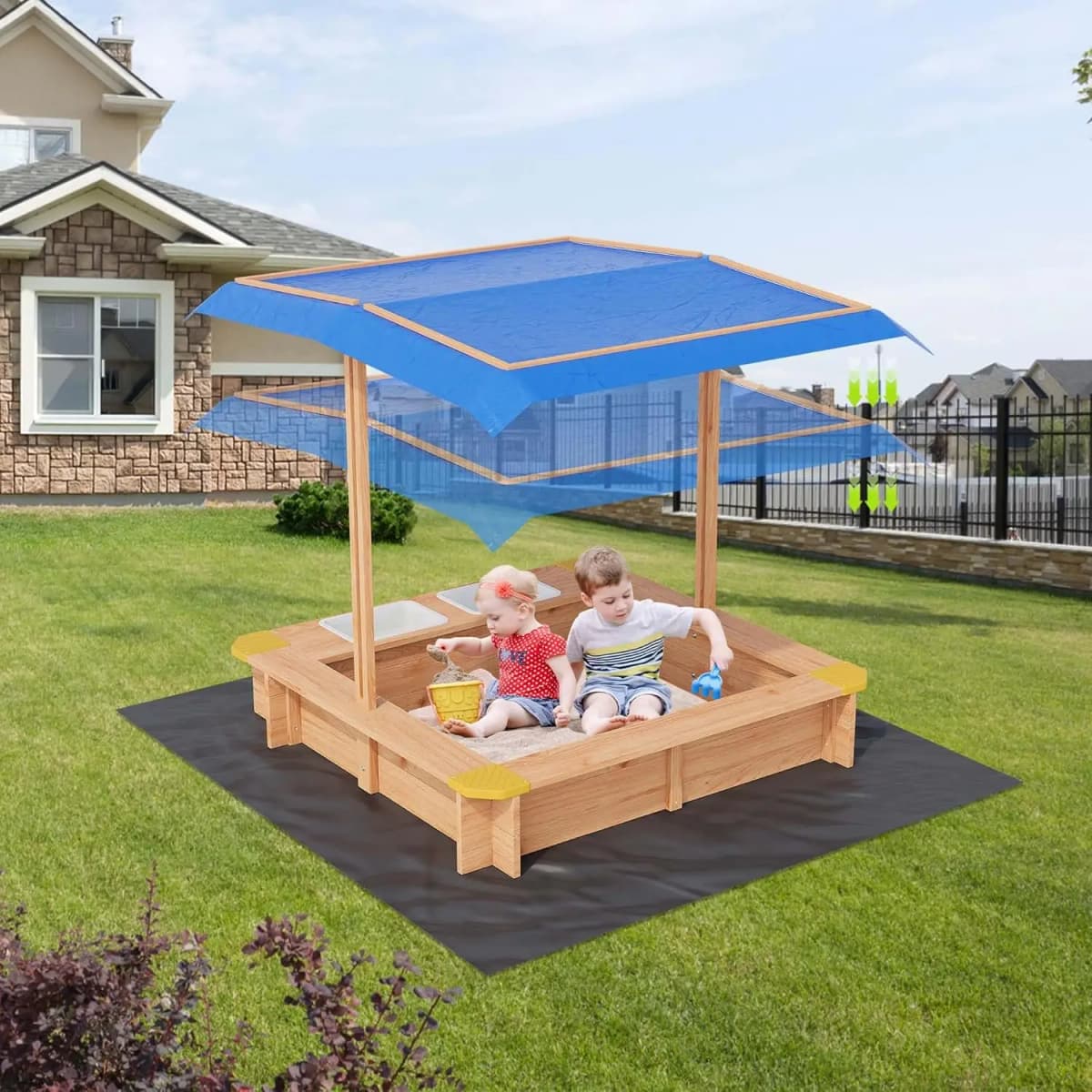 Wooden Sandbox Outdoor Sandbox with Adjustable Canopy for children aged 3-8 Spacious Children's sandbox for the Beach Backyard