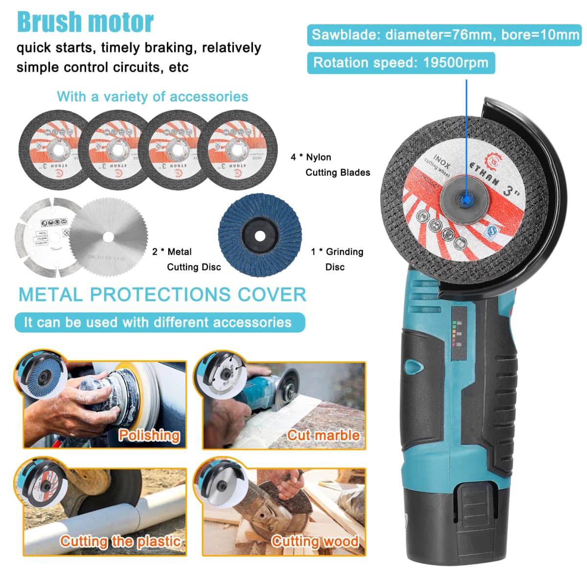 12 V 19500rpm Electric Grinding Tool Multifunctional Angle Grinder Handheld Cutter for Cutting Polishing Ceramic Tile Wood Stone