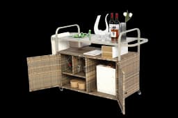 Outdoor Bar Table, Wicker Bar Cart with Cabinet, Patio Serving Cart with steel Top, icebucket, Side Basket, Lockable Wheels