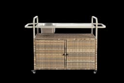 Outdoor Bar Table, Wicker Bar Cart with Cabinet, Patio Serving Cart with steel Top, icebucket, Side Basket, Lockable Wheels