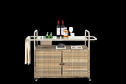 Outdoor Bar Table, Wicker Bar Cart with Cabinet, Patio Serving Cart with steel Top, icebucket, Side Basket, Lockable Wheels