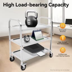 3 Shelves Stainless Steel Service Kitchen Trolley with Brake Wheels Rectangular Food Serving Cart 20kg Load-Bearing Capacity of Each Layer