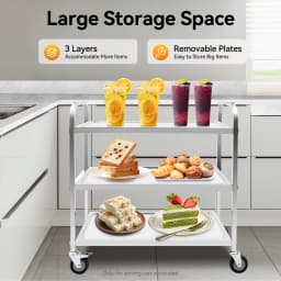 3 Shelves Stainless Steel Service Kitchen Trolley with Brake Wheels Rectangular Food Serving Cart 20kg Load-Bearing Capacity of Each Layer