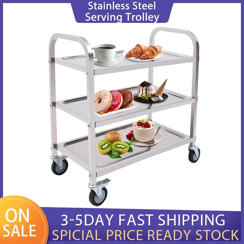 3 Shelves Stainless Steel Service Kitchen Trolley with Brake Wheels Rectangular Food Serving Cart 20kg Load-Bearing Capacity of Each Layer