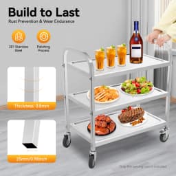 3 Shelves Stainless Steel Service Kitchen Trolley with Brake Wheels Rectangular Food Serving Cart 20kg Load-Bearing Capacity of Each Layer