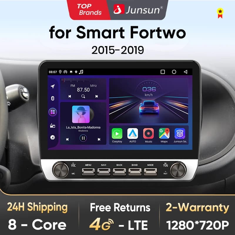 Junsun 10" Button Car Radio forSmart Fortwo 2015-2019 GPS Multimedia Stereo BT FM RDS Wireless CarPlay for Apple Android Auto 4G