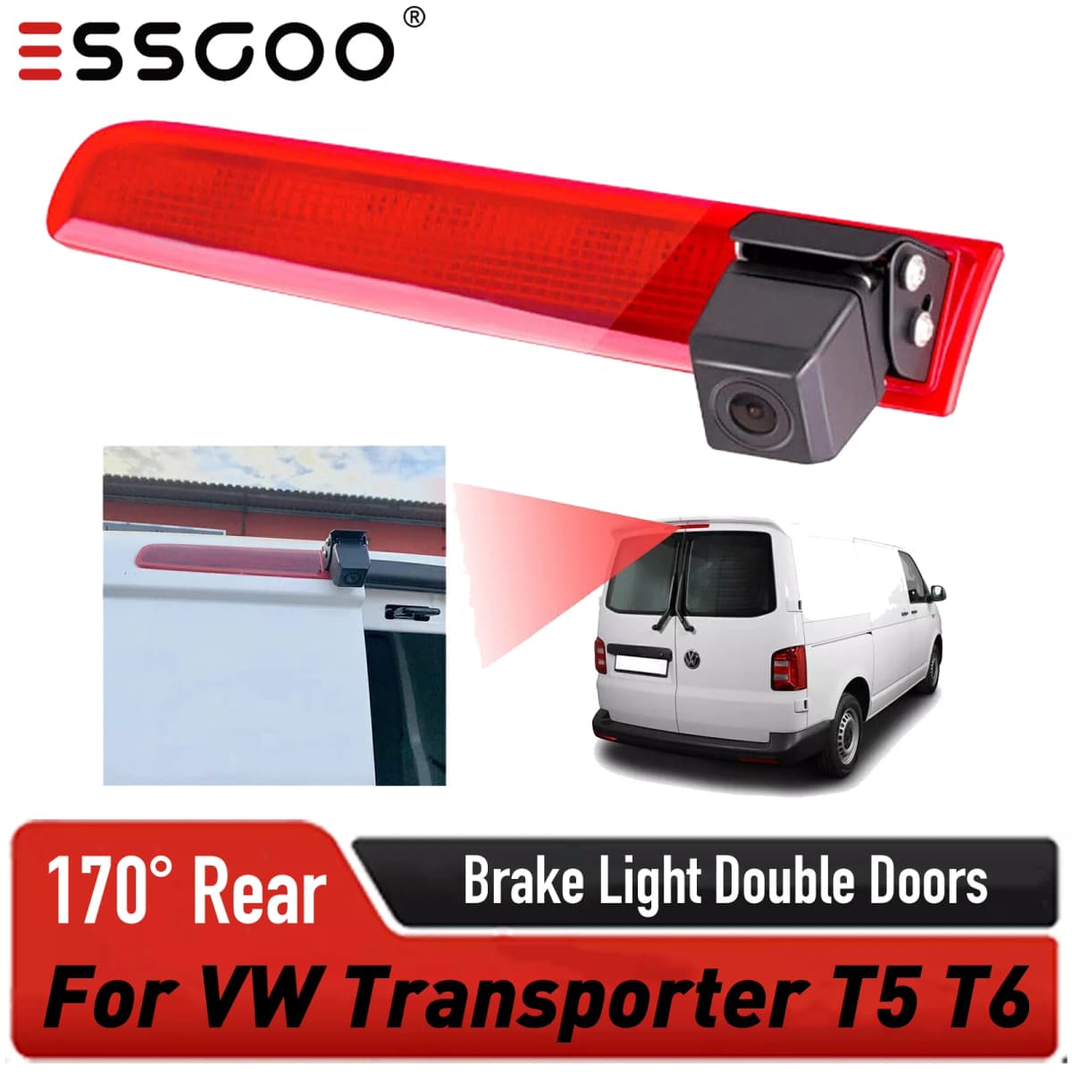 ESSGOO 170° Rear View Reversing Camera for VW Transporter T5 T6 3rd Brake Light Double Doors 8M IP68 Waterproof W/ Night Vision