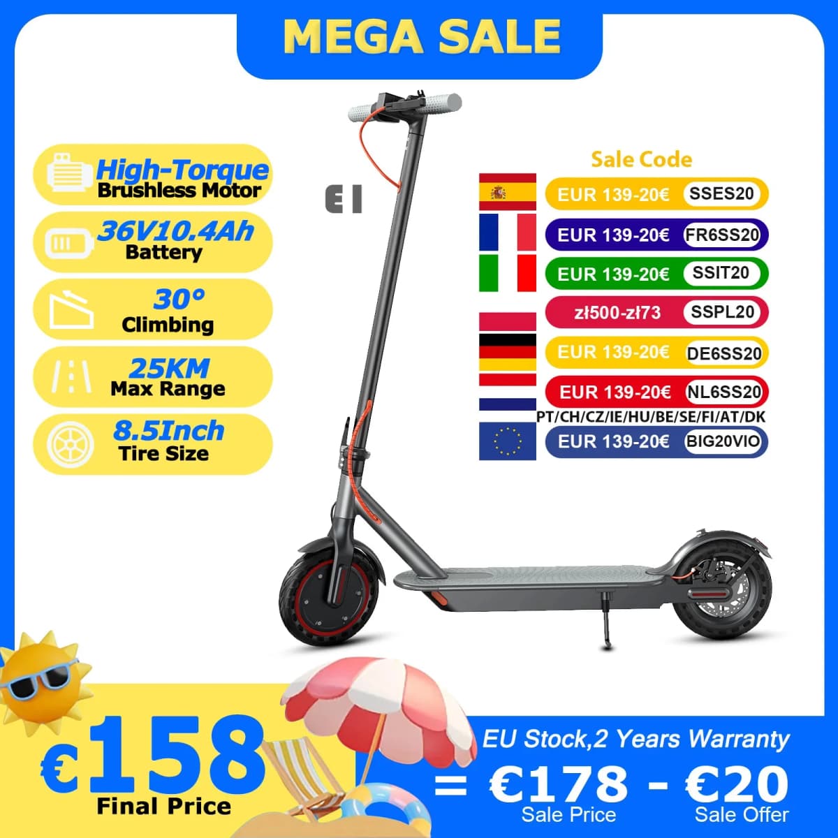 JUICEASE E1 Electric Scooter Powerful Motor 36V 10.4Ah Battery 25KM Long Range Foldable Smart APP Control Adult Commuter EScooter EU Stock