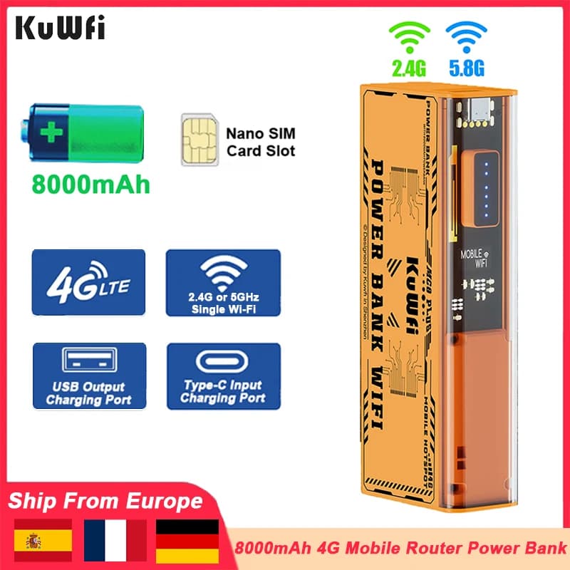 KuWFi 8000mAh 4G Mobile Router 150Mbps Portable Travel Modem Long Battery Life 2.4GHz 5.8Ghz Single Wi-Fi Hotspot as Power Bank