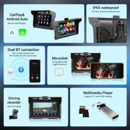 ESSGOO 5inch Motorcycle Carplay MP5 Portable Smart Player Wireless Carplay Android auto with Front&Back Camera Motorcycle DVR