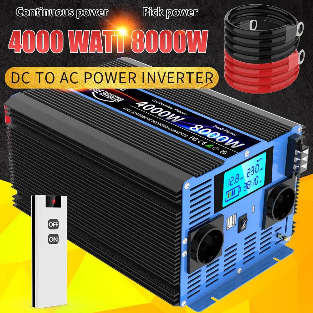 Power Inverter Pure Sine Wave DC 12V/24V To AC 230V Transforme Converter Solar Inverters With LCD Display,USB,Remote Control