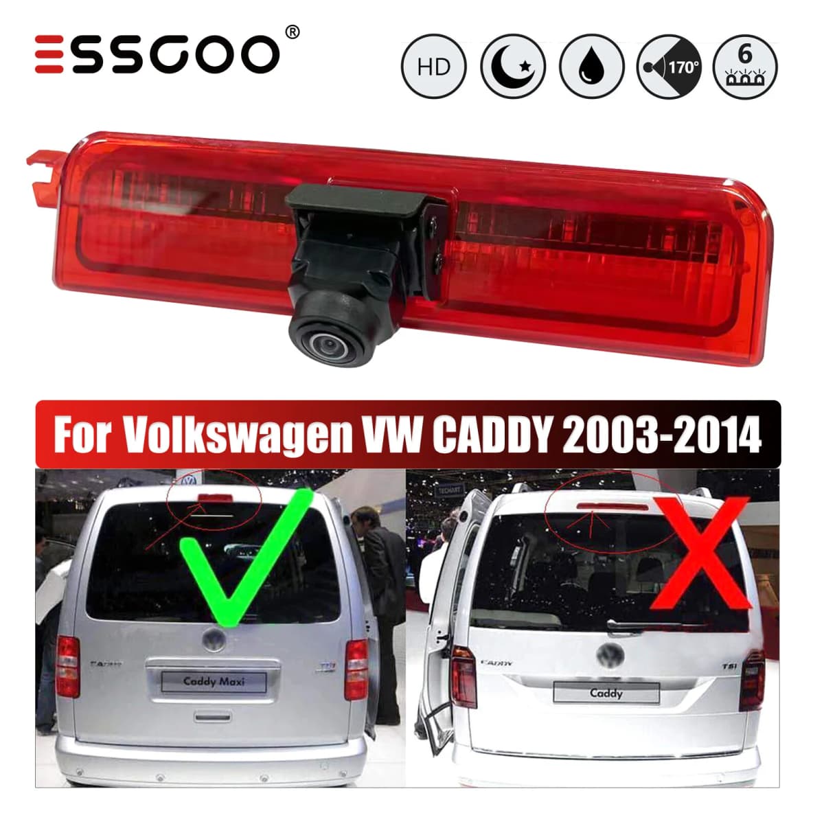ESSGOO Rear Reversing 3rd High Brake Light Cover with Camera For VW Caddy/Caddy Life 03-2015 2K Facelift Night Vision Waterproof