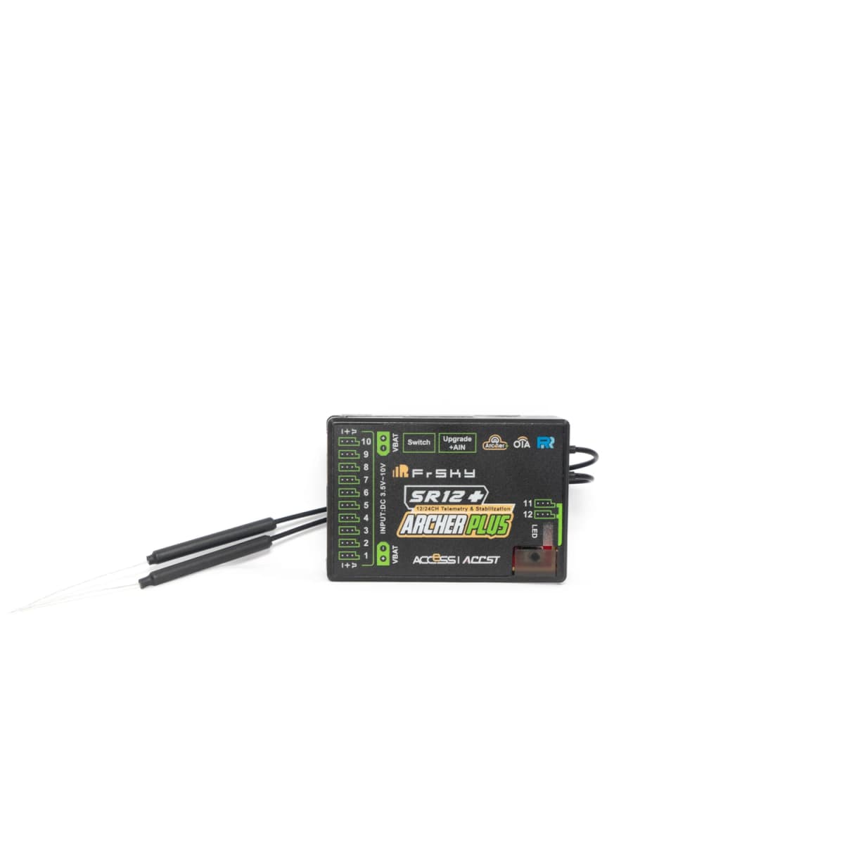 FrSky Archer Plus SR12+ Receiver 12 Channels Built-in 3-Axis Gyro & Accelerometer Multiple Flight Modes Dual Detachable Antennas Full-Range Signal SBUS in Redundancy XT30 Dual Power Telemetry Support