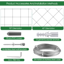 Climbing plant support, 16m stainless steel rope suspension kit, with 3mm stainless steel cable and 12 tensioners (16m)