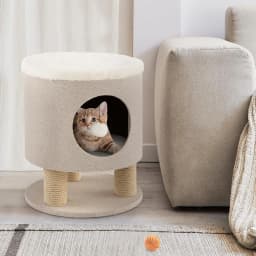 3-in-1 Multi-Purpose Cat House with Scratching Post, Plush Ball, Converts to Stool, Poof's Cat Bed, Beige