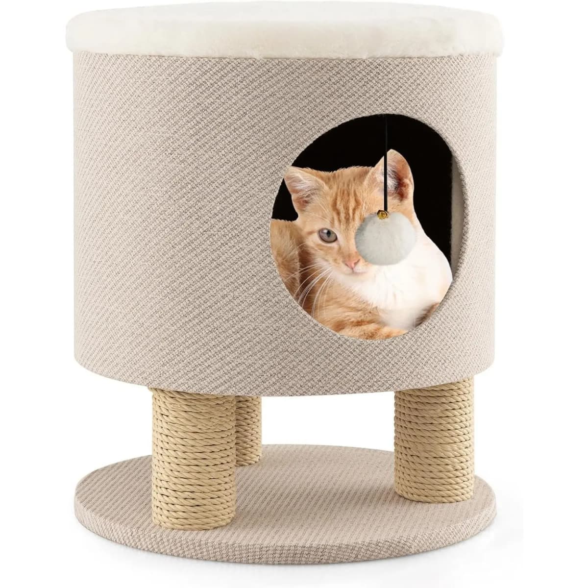 3-in-1 Multi-Purpose Cat House with Scratching Post, Plush Ball, Converts to Stool, Poof's Cat Bed, Beige