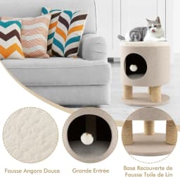 3-in-1 Multi-Purpose Cat House with Scratching Post, Plush Ball, Converts to Stool, Poof's Cat Bed, Beige