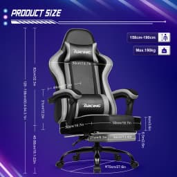 AUTHMIC Ergonomic Gaming Chair with 170° Reclining Backrest, Foldable Footrest, Soft Armrests, Supports150kg,Breathable Material
