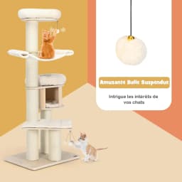 Wooden cat tree 174 cm with plush mat with scratching post, hammock, private flat with cat bed, high perch for lounging
