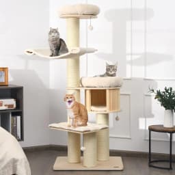 Wooden cat tree 174 cm with plush mat with scratching post, hammock, private flat with cat bed, high perch for lounging
