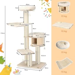 Wooden cat tree 174 cm with plush mat with scratching post, hammock, private flat with cat bed, high perch for lounging