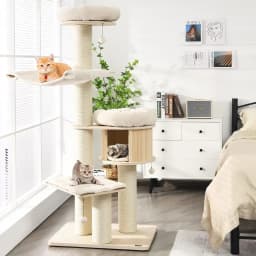 Wooden cat tree 174 cm with plush mat with scratching post, hammock, private flat with cat bed, high perch for lounging