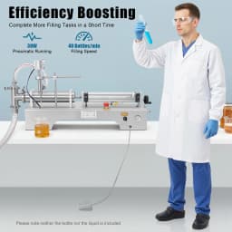 100-1000ml Horizontal Pneumatic Liquid Filling Machine, 40 Bottles/min Single Head Liquid Bottling Filler with Foot Switch and Barometer