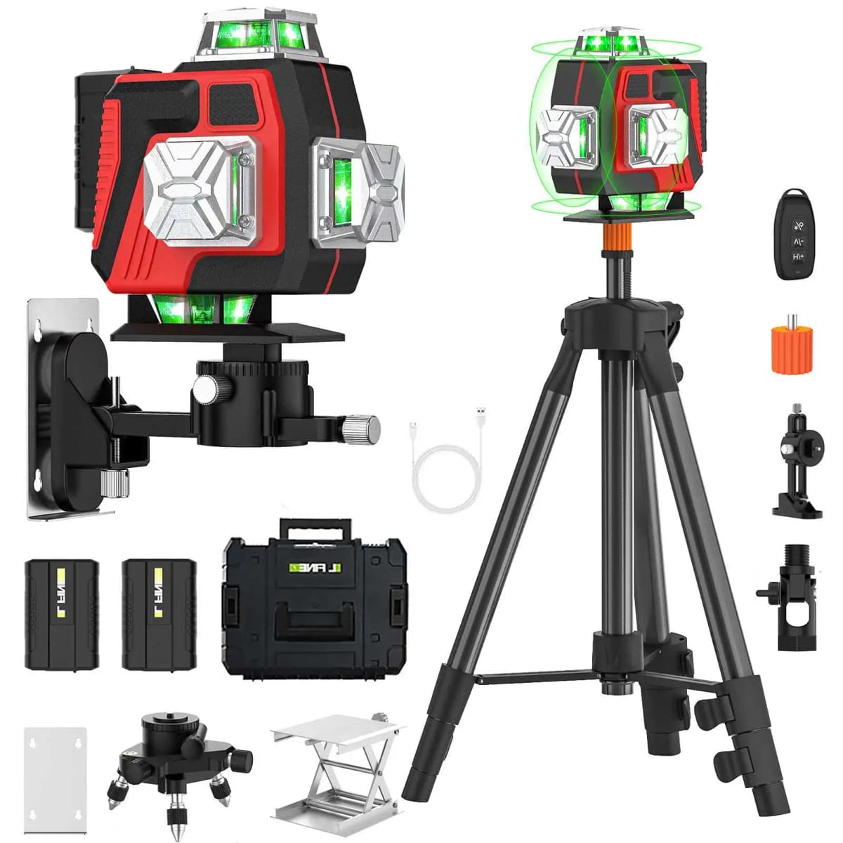 16Lines 4D Laser Level Green Line SelfLeveling 360 Horizontal And Vertical Remote Control Green Beam Laser Levels 2PCS Battery