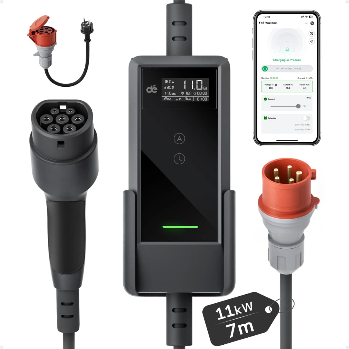dé 11kW 16A 3-Phase Type 2 Portable EV Charger CEE Schuko Plug APP Control 7m 10m 15m 20m 25m EVSE IP66 CE