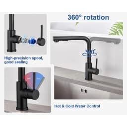 Black Kitchen Tap with Extendable High-Pressure Shower, 360° Swivel, Two Water Jet Modes, Stainless Steel Mixer