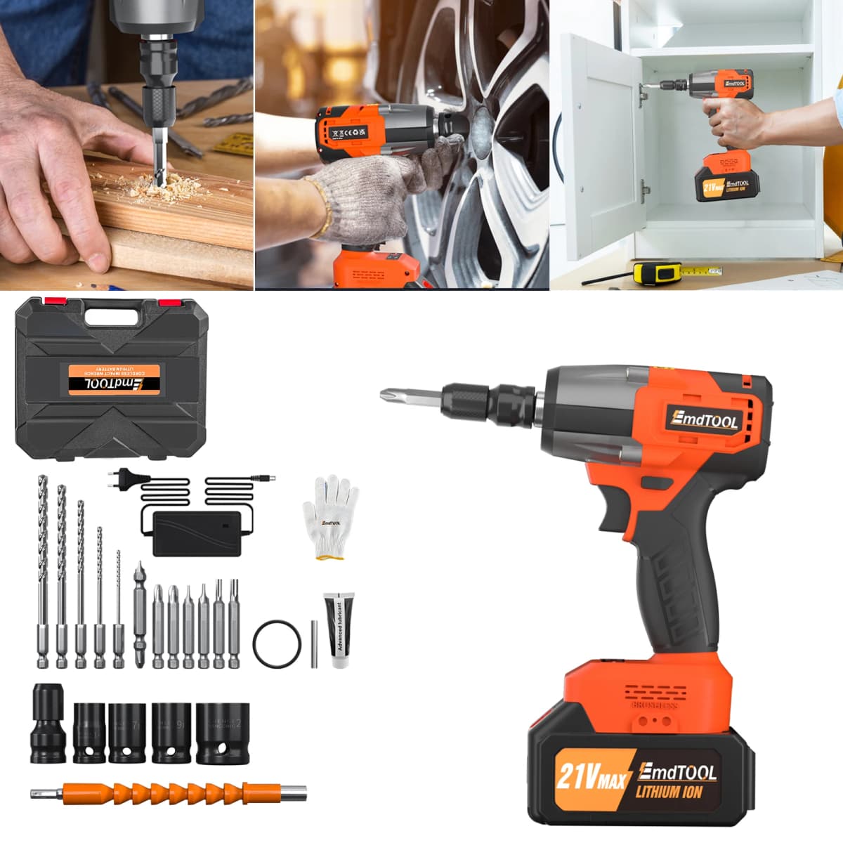 1/2 inch Cordless Impact Wrench, High Torque Impact Wrench with 4 Socket Sets,12 Drill Sets,for Car Furniture
