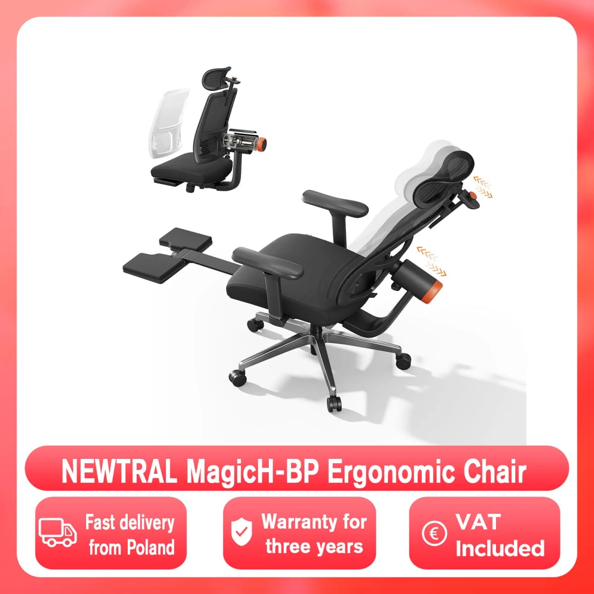 NEWTRAL MagicH-BP Ergonomic Chair with Footrest, Auto-Following Backrest, Adaptive Lower Back Support, Tailored Ergonomic Chair