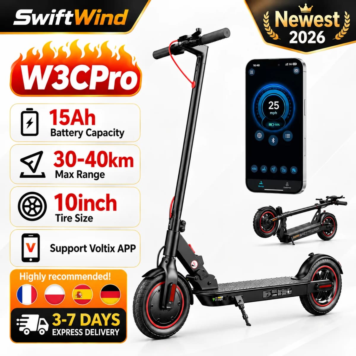 IScooter W3CPro Electric Scooter 36V 15Ah 30km Range 10 inch Inflatable Tire Speed Rear Disc Brake Adult E Scooter with APP