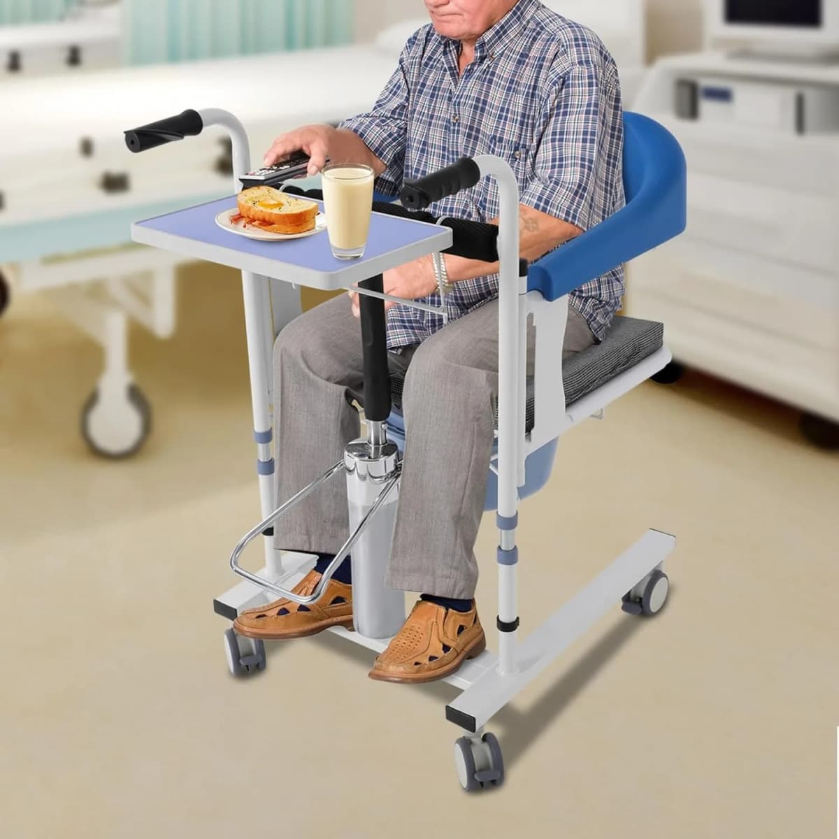 Patient Referral Chair, Shower Wheelchair with Height Adjustment, Toilet Chair with Wheels, 100 Kg, Night Chair