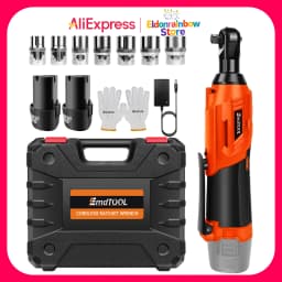 Electric Cordless Right Ratchet 3/8'' 90°Angle Wrench 200N.m Torque Impact with LED Work Light+7pcs Sockets Tool Kit,2xBattery