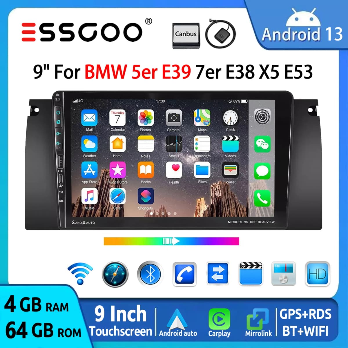 ESSGOO 4+64G Carplay Android Auto Car Radio For BMW 5Series E39 X5 E53 Android 13 9inch GPS NAV RDS BT WiFi With USB Dual Type-C