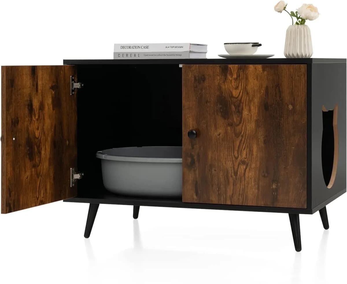 Cat cabinet litter box, cat house with double doors & entrance, cat cave litter box cabinet, cat furniture side table