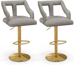 Set of 2 Bar Stools, Rotating Bar Chairs 63-85 Height Adjustable, Velvet Kitchen Stools with Footrest & Backrest