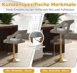 Set of 2 Bar Stools, Rotating Bar Chairs 63-85 Height Adjustable, Velvet Kitchen Stools with Footrest & Backrest